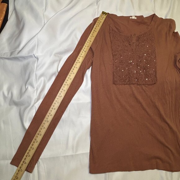 J.Crew Blouse Long Sleeve Scoop Neckline Lace Front Panel Soft Rust Brown Small - Picture 7 of 10